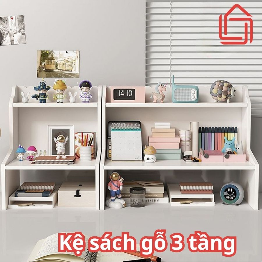 Kệ sách gỗ để bàn 3 tầng đựng sách vở, mỹ phẩm đa năng, giá đỡ đựng đồ bàn học