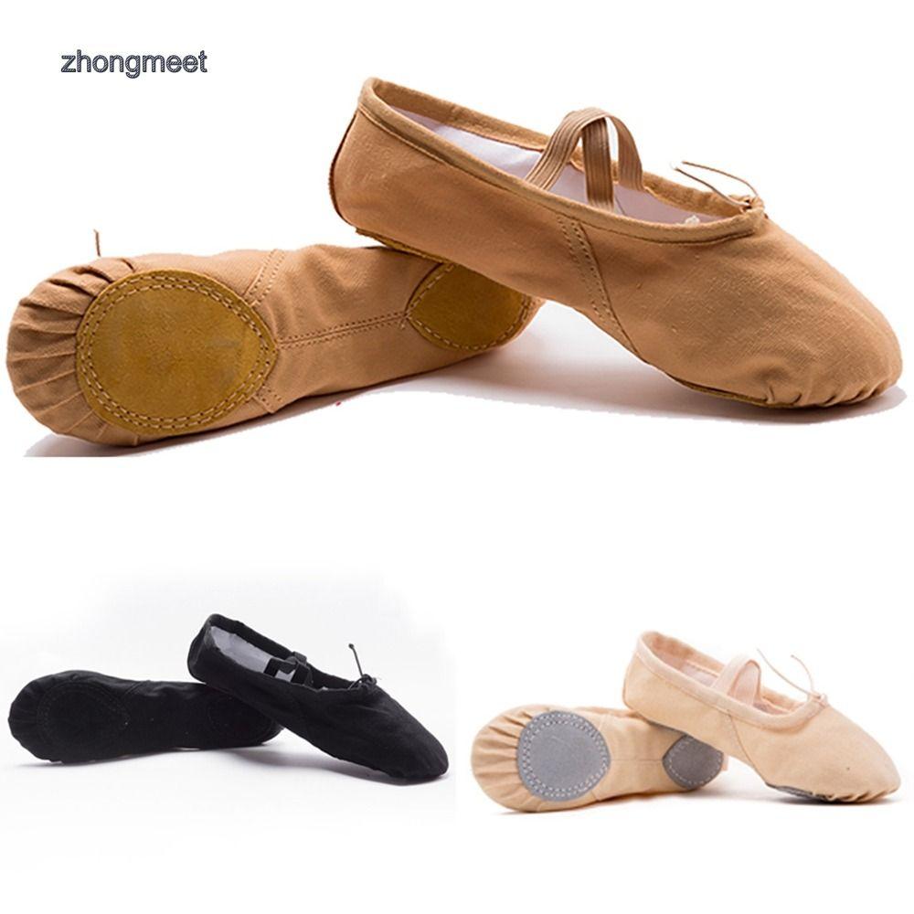 ZHONGMEET Thể dục Dép lê Dễ thương Khiêu vũ Latin Vải bố Huấn luyện Múa ba lê Da Yoga Giày Ba lê nữ Giày gils Giày khiêu vũ Giày đế bằng
