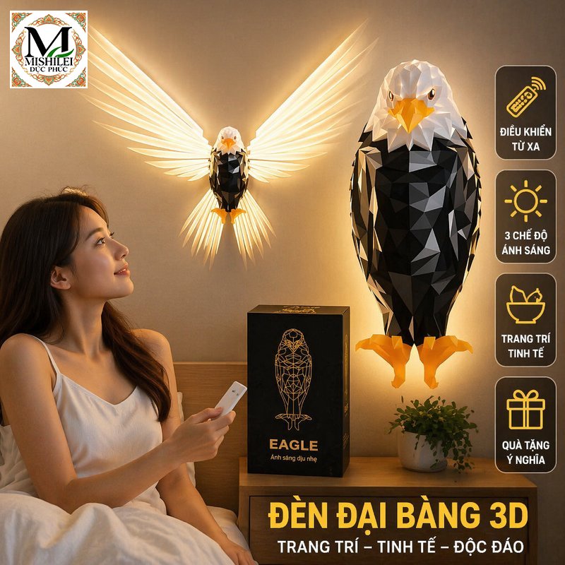 Mishilei đèn tường led 3d hình đại bàng remote điều khiển ánh sáng trang trí nội thất phòng ngủ phòng khách quà tân gia