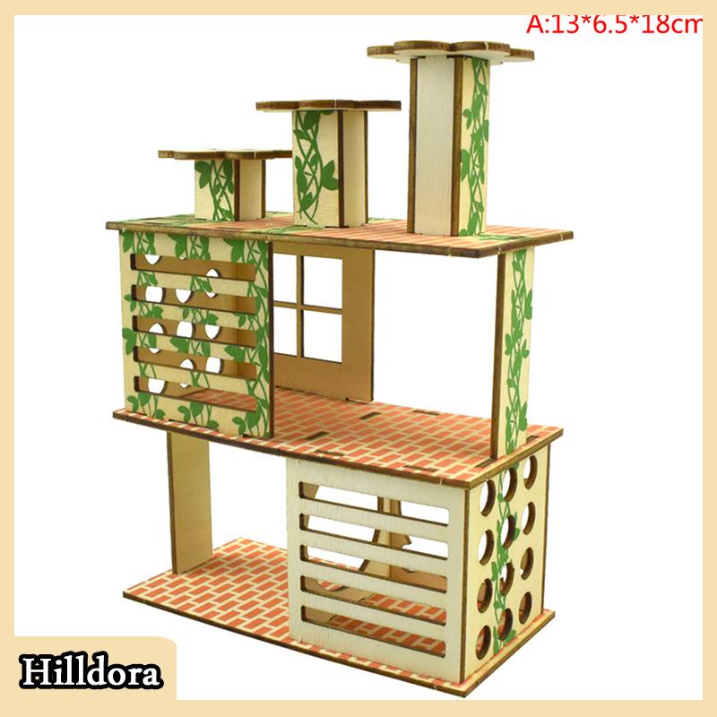 [Hilldora] Lều gỗ ẨN NÁU cho Chuột Hamster đồ chơi trang trí Leo núi biệt thự Nhiều Tầng Hình động vật nhỏ - 5