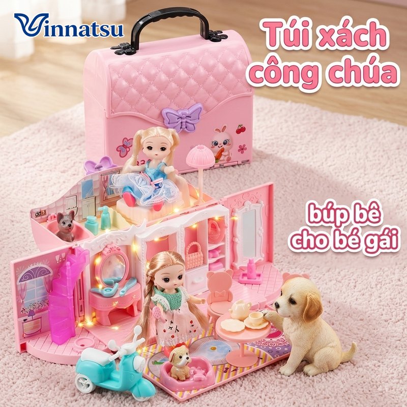 Vinnatsu Nhà búp bê dạng vali xách tay playset kèm búp bê phụ kiện xe máy đèn led đồ chơi lắp ráp quà tặng trẻ em