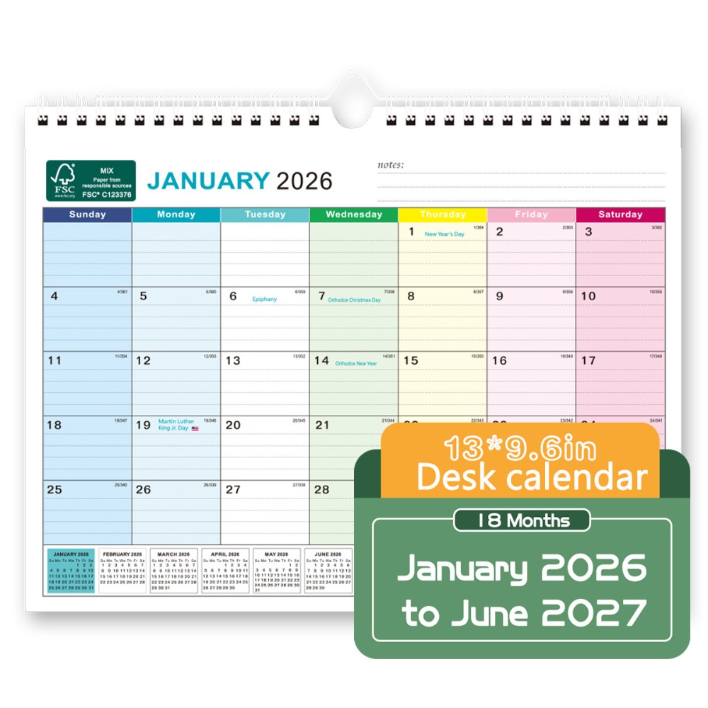 TONYOOG Jan. 2026 - June. 2027 English Calendar Holidays Marked Thick Paper Hanging Calendar Colorful Daily Study Wall Calendar Home