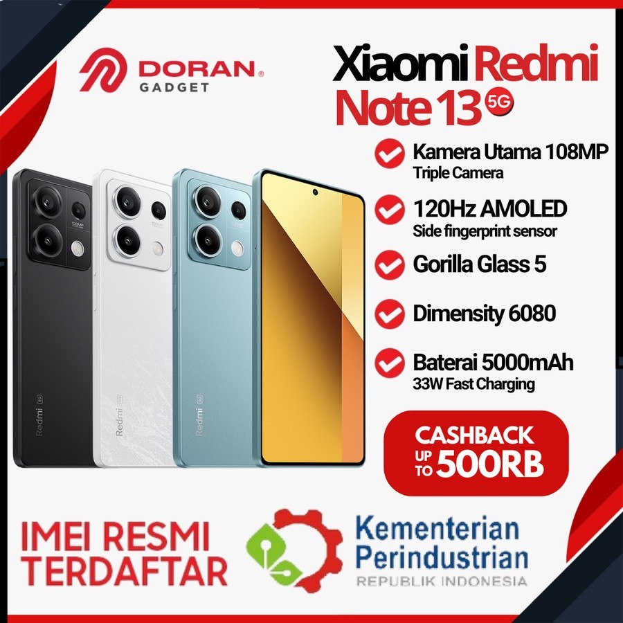 Xiaomi Redmi Note 13 5G | Tiga kamera 108 MP super jernih Layar 120 Hz FHD+ AMOLED Prosesor MediaTek Dimensity 6080 Harga 2,783,000 rupiah*Gratis Ongkir