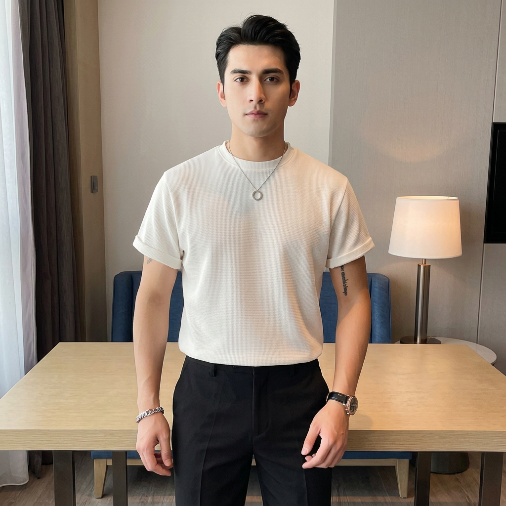 Waffle Knit Texture T-Shirt For Men and Boys Summer Cotton Blend Casual Breathable Slim Fit Short Sleeve Top Multiple color