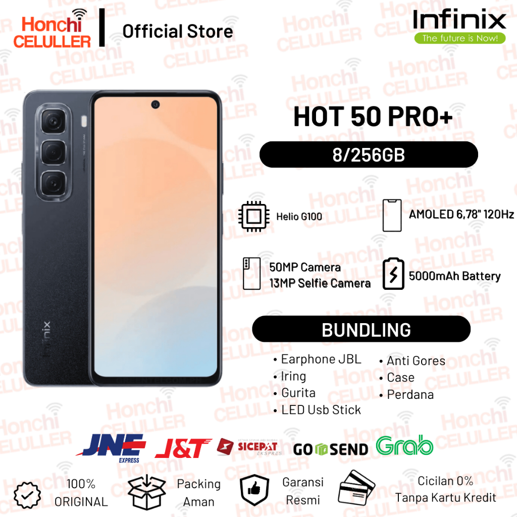 Infinix Hot 50 Pro+ 4G 8/256GB - Up to 16GB Extended RAM - Helio G100 - 6.78 inch 3D Curved 120Hz Amoled - 50MP - 5000 mAh - NFC Garansi Resmi Indonesia Harga  2,599,000 Ringgit*Penghantaran Percuma