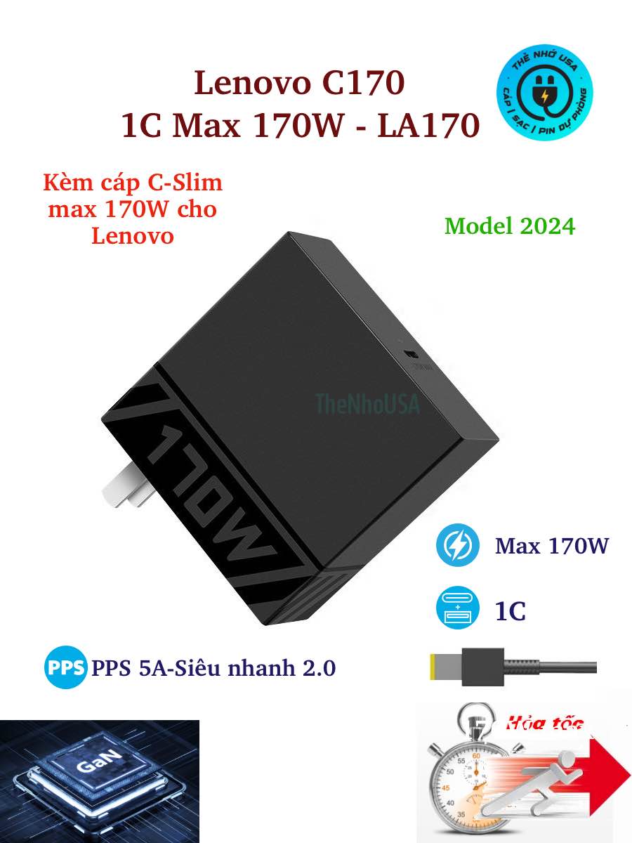 Củ sạc nhanh lenovo c170 1 cổng type c max 170w pd / pps5a /qc bh12t kèm cáp c to slim 170w