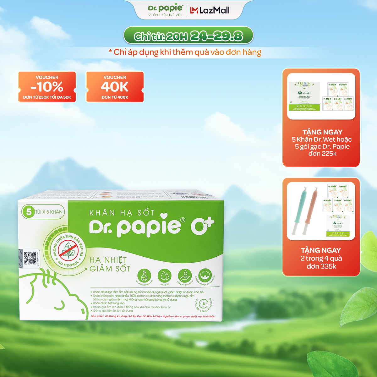 [Voucher 12% + Quà tặng] Khăn Lau DR. PAPIE 0+ Thải Nhiệt Hạ Sốt Chuẩn Nhi Khoa Ngăn Ngừa Co Giật Cho Bé