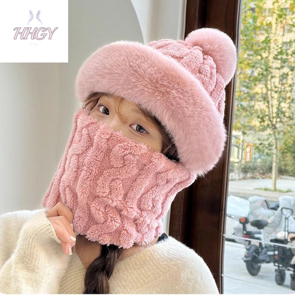 HHGY Bảo vệ tai Bộ khăn đan mũ Dày Ấm cổ Mũ len dệt kim cho nữ Mùa Thu Mềm Mũ bóng bằng vải nhung lông Phụ nữ