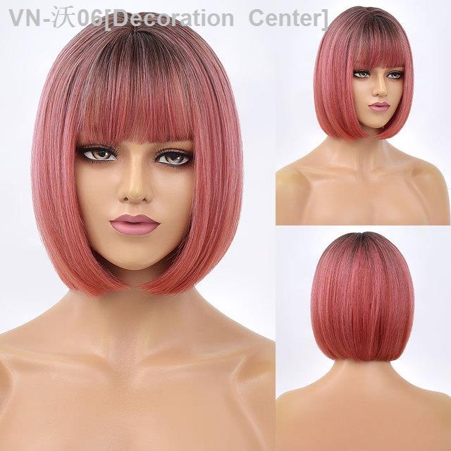 【HOT SELL】 Decoration Center Blonde Red Short Bob Wig Synthetic Wig For Women With Bangs Lolita Cosplay Party Natural Hair Heat Resistant Fiber Wigs