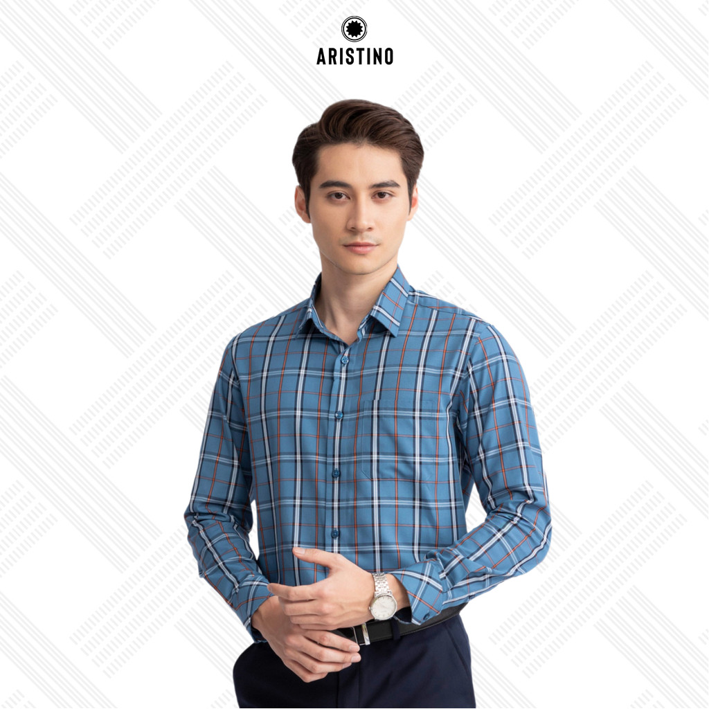  Áo sơ mi dài tay Aristino phom Regular fit thiết kế tà lượn có túi màu xanh tím than kẻ cam tinh tế - ALS19302 