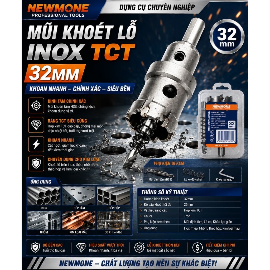 MŨI KHOÉT LỖ INOX TCT 20-22-25-27MM NEWMONE