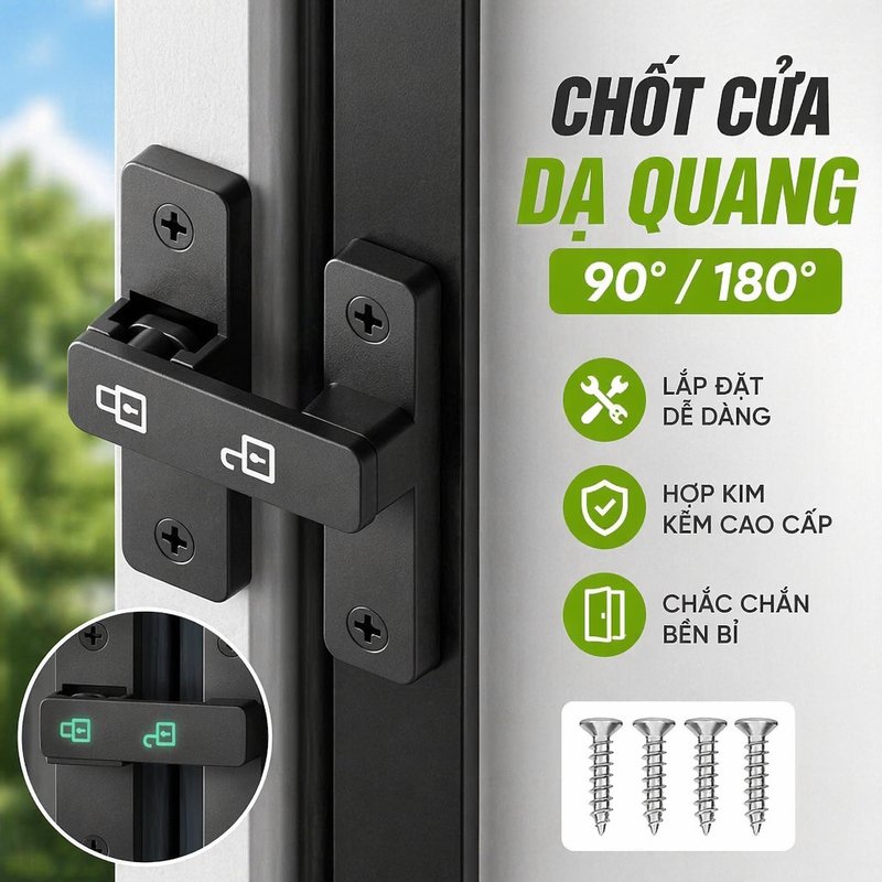 Vinnatsu chốt cửa khóa cửa trượt hợp kim kẽm dạ quang xoay 90 độ 180 độ không cần khoan chống gỉ an toàn gia đình