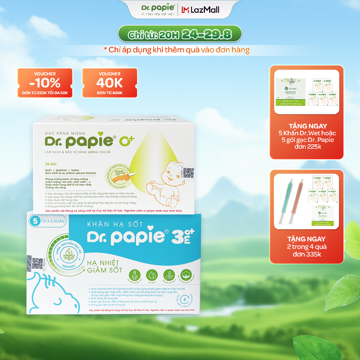 [Voucher 12% + Quà tặng] Combo 1 Hộp Khăn Lau Hạ Sốt 3+ Và 1 Hộp Gạc Răng Miệng Tiêu Chuẩn 5SAO DR. PAPIE Giúp Vệ Sinh Răng Miệng Và Ngăn Ngừa Co Giật Cho Bé