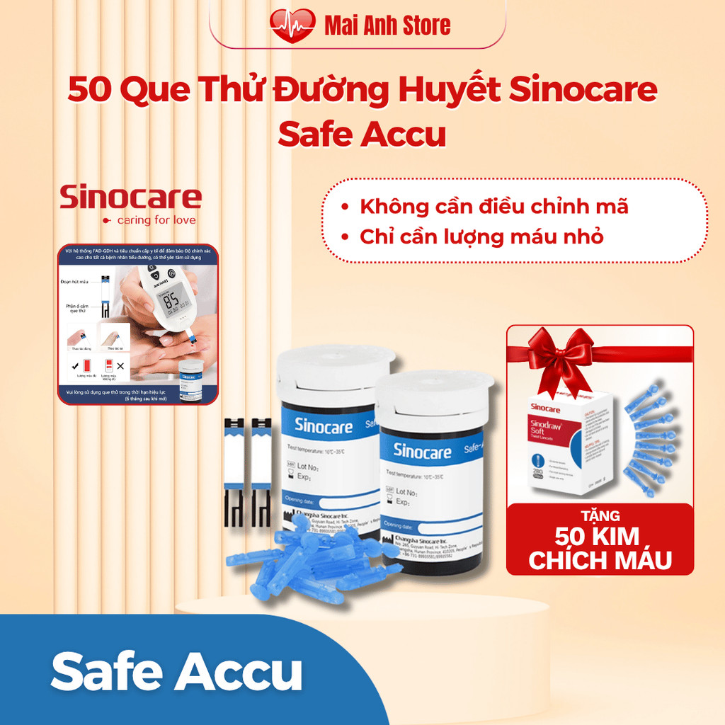 Que Thử Đường Huyết Hộp 50 Que Safe Accu Tặng Kèm 50 Kim Chính Hãng Sinocare