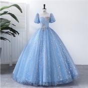 Light Blue Starry Sky Puff Sleeve Sequin Wedding Dress