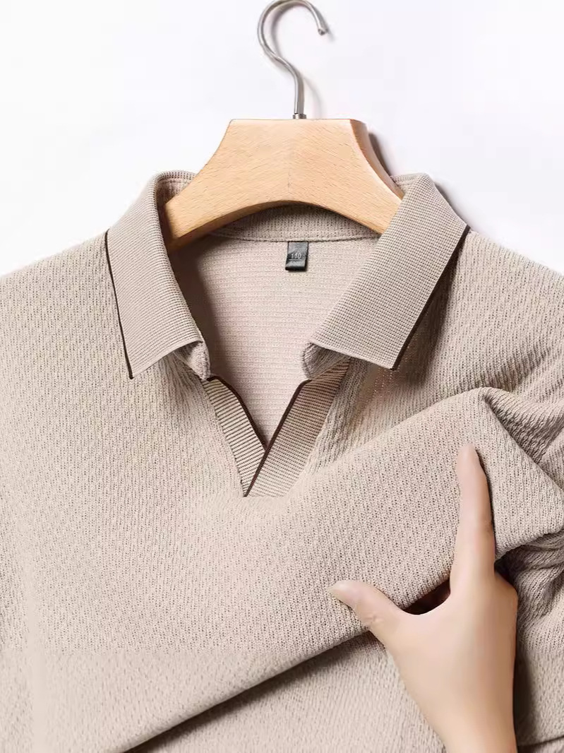 ＜1225＞  Mùa Xuân Mới Mùa Thu Ve Áo Kéo Cổ Áo Trái Tim Gà Cổ Áo Kẻ Sọc POLO Áo Sơ Mi Nam Màu Trơn Mặc