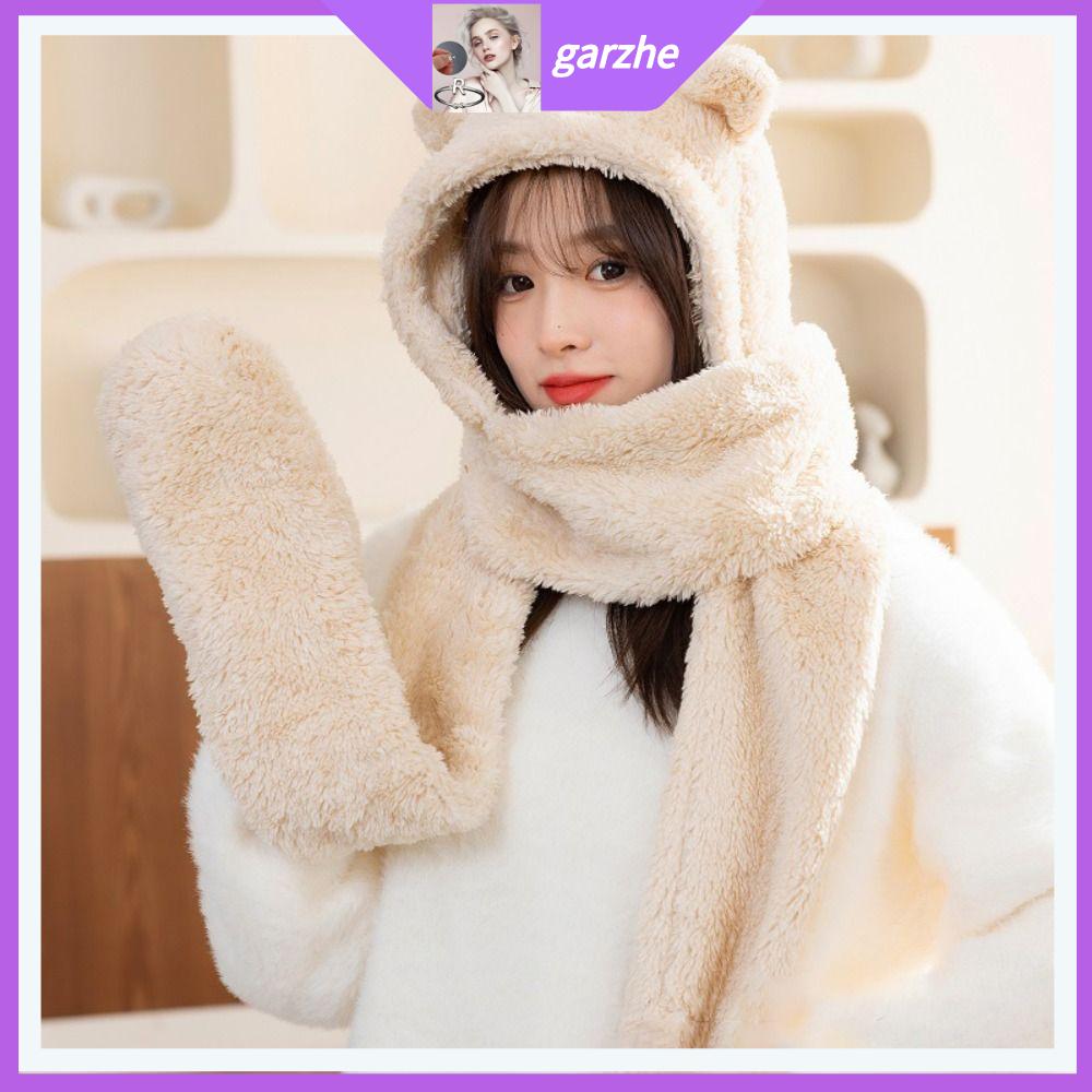 GARZHE24272 Lông cừu mềm Khăn quàng cổ mũ tai gấu Bảo vệ tai Mũ khăn choàng găng tay Một mảnh Mũ Beanie 3 trong 1 Thường ngày Dày hai lớp Bộ găng tay Khăn quàng cổ mũ Phụ nữ
