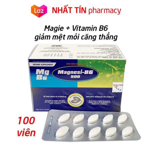 Viên uống Magnesi B6 500 bổ sung magie, vitamin B6 giảm suy nhược thần kinh, mệt mỏi, căng thẳng, đau đầu, stress, hay bị chuột rút - Hộp 100 viên