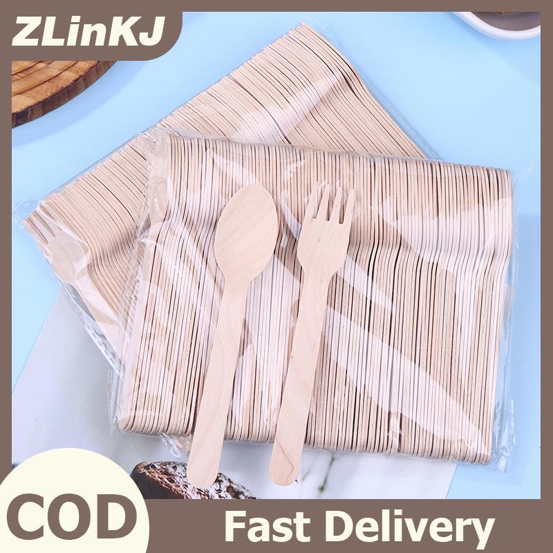 ZLinKJ 100 pcs dùng một lần bằng gỗ dao kéo dĩa thìa máy cắt dao Nguồn cung cấp bên nhà bếp đồ dùng món tráng miệng Bộ đồ ăn đóng gói thân thiện với môi trường