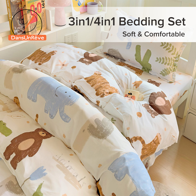 Dansunreve 3/4in1 Bedding Set Cartoon Kitty/Bear Print Bedsheet Set with Quilt Cover Cute Dormitory Student Single/Super Single/Queen/King/Super King Flat sheet Duvet Cover ราคา 459 บาท*ส่งฟรี