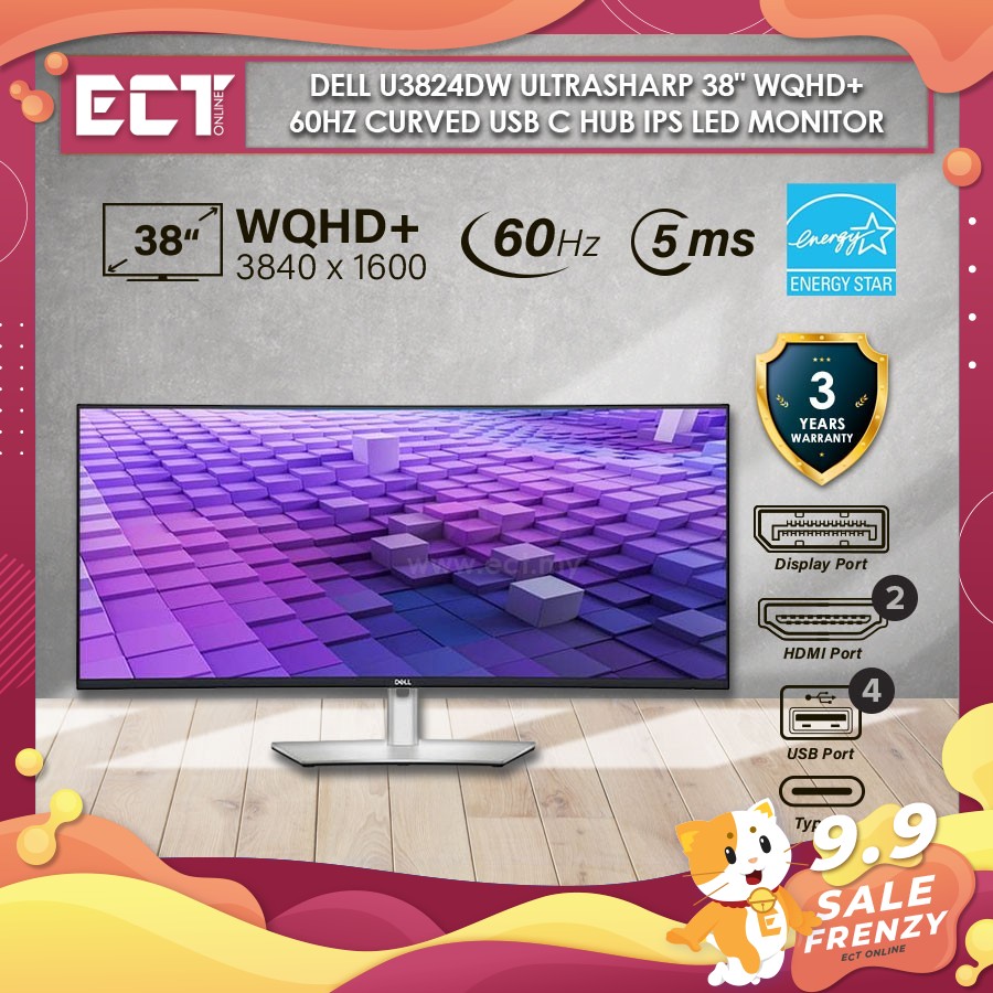 Dell U3824DW UltraSharp 38" WQHD+ 3840 x 1600 60Hz Curved USB C HUB IPS LED Monitor (2 x HDMI, Display Port, RJ45)
