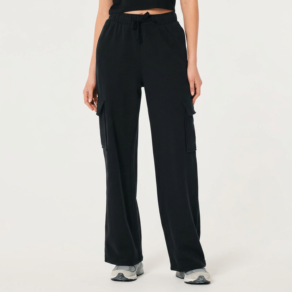 Wide Leg Cargo Trousers For Women Summer Terry Viscose Fabric High Waist Relaxed Fit Casual Style Black Color