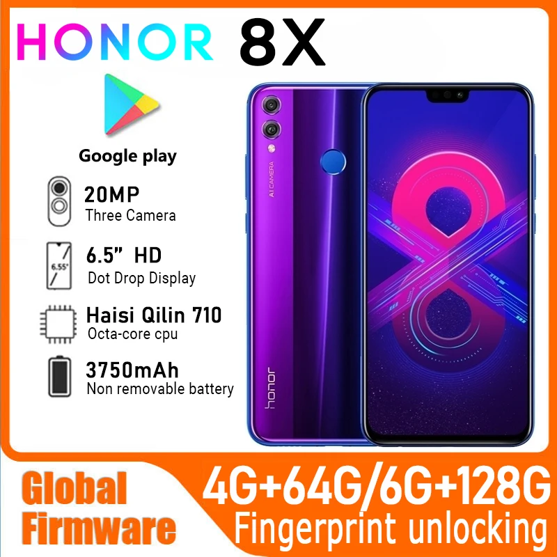 Used Phone HONOR 8X 4G Smartphone Global firmware CPU Haisi Qilin 710 6.5-inch 3750mAh rear camera 20MP used 98% new phone ราคา 2,150 บาท*ส่งฟรี