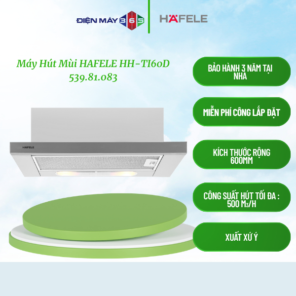 Hafele HH-TI60D 539.81.083 – Máy hút mùi âm tủ, khử mùi bằng than hoạt tính hoặc thoát ống 120mm, lưới lọc nhôm nhiều lớp, dễ tháo rửa, dùng điện 220–240V