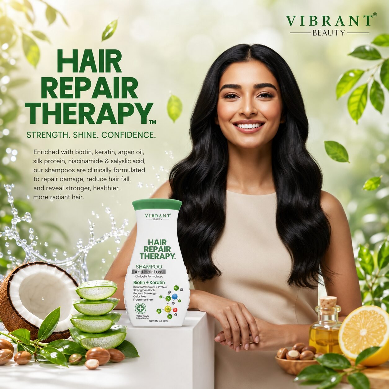 Vibrant Beauty Hair Repair Therapy Anti Hair Loss Shampoo (Biotin + Keratin) | Hair Cleansing Care | 400ml