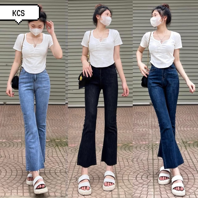 KCS⭐Set Jeans ống loe +áo gân gài nút tay ngắn túi nhỏ🔉