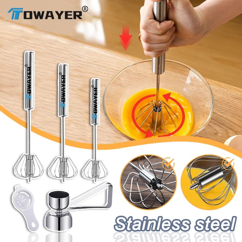 Towayer 304 Stainless Steel Semi-Automatic Egg Beater Egg Whisk Manual Hand Mixer Self Turning Egg Stirrer Kitchen Essories