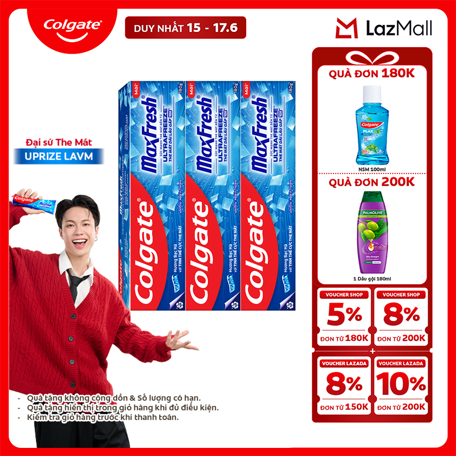 Bộ 3 Kem đánh răng Colgate MaxFresh ULTRAFREEZE the mát gấp 10X 180g/tuýp
