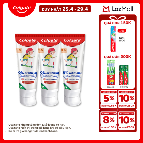 [Chỉ 25-29.4_X2 Voucher giảm 20%] Bộ 3 Kem đánh răng Colgate Kid Free From cho trẻ em 3-5 tuổi không hương liệu và chất bảo quản 80g/tuýp