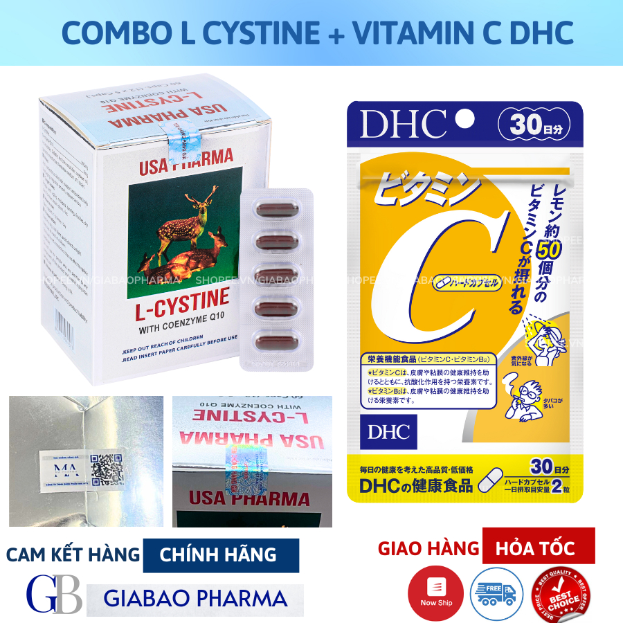 COMBO L cystine 500mg + Vitamin C DHC hỗ trợ trắng da và giảm rụng tóc, giảm mụn (L cystine 60; Vit 