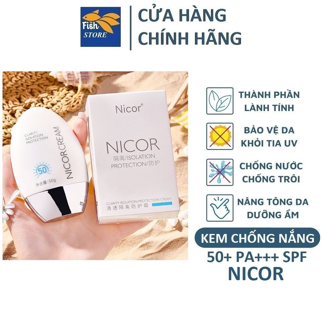 Kem chống nắng nâng tone NICOR CREAM SPF50+ giúp dưỡng trắng da, Kem chống nắng kiềm dầu bã nhờn lâu trôi