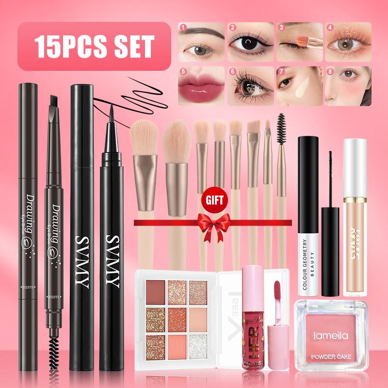 1 Bộ 15 cái Bộ trang điểm Bút kẻ mắt nước svmy + Đĩa Phấn mắt lameila + Mascara + má hồng + Kem che khuyết điểm + Son bóng + Bút chì kẻ lông mày + 8 cọ trang điểm
