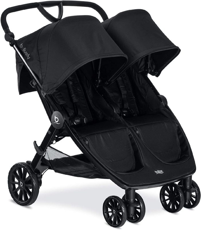 Britax B-Lively Double Two 2 Newborn Infant Baby to Child Children Kids Seat Seater Stroller - Up to 100 pounds - UV 50+ Canopy - Adjustable Handlebar - Easy Fold, Raven Black Singapore