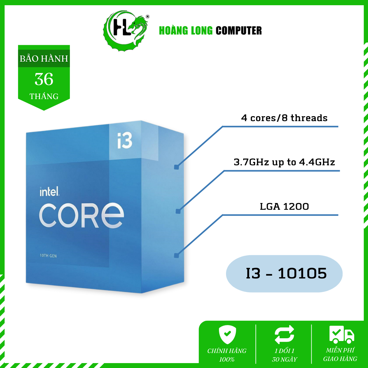 CPU Intel Core i3 - 10105 - 3.7GHz up to 4.4GHz, 4 nhân 8 luồng, 6MB Cache
