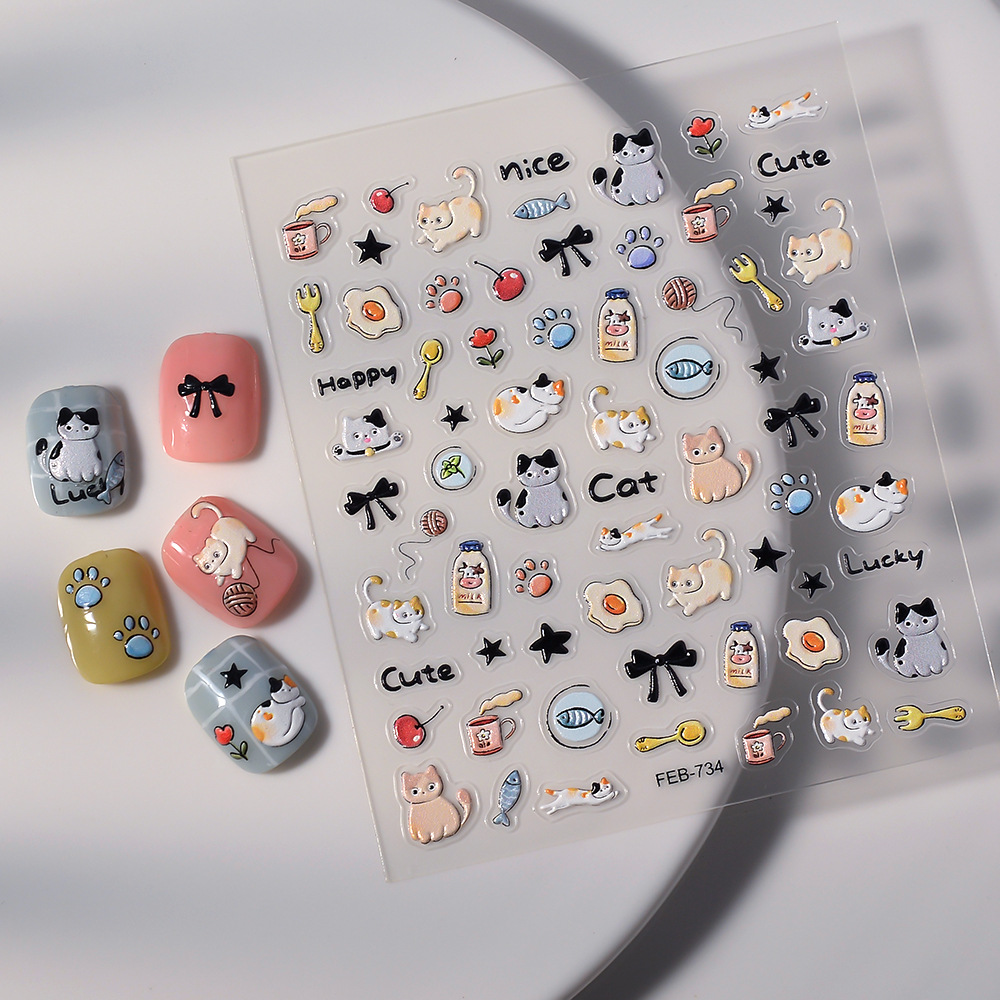Sticker nail 5d lụa nổi | bé mèo hoạt hình cat | hình dán móng tay feb-734