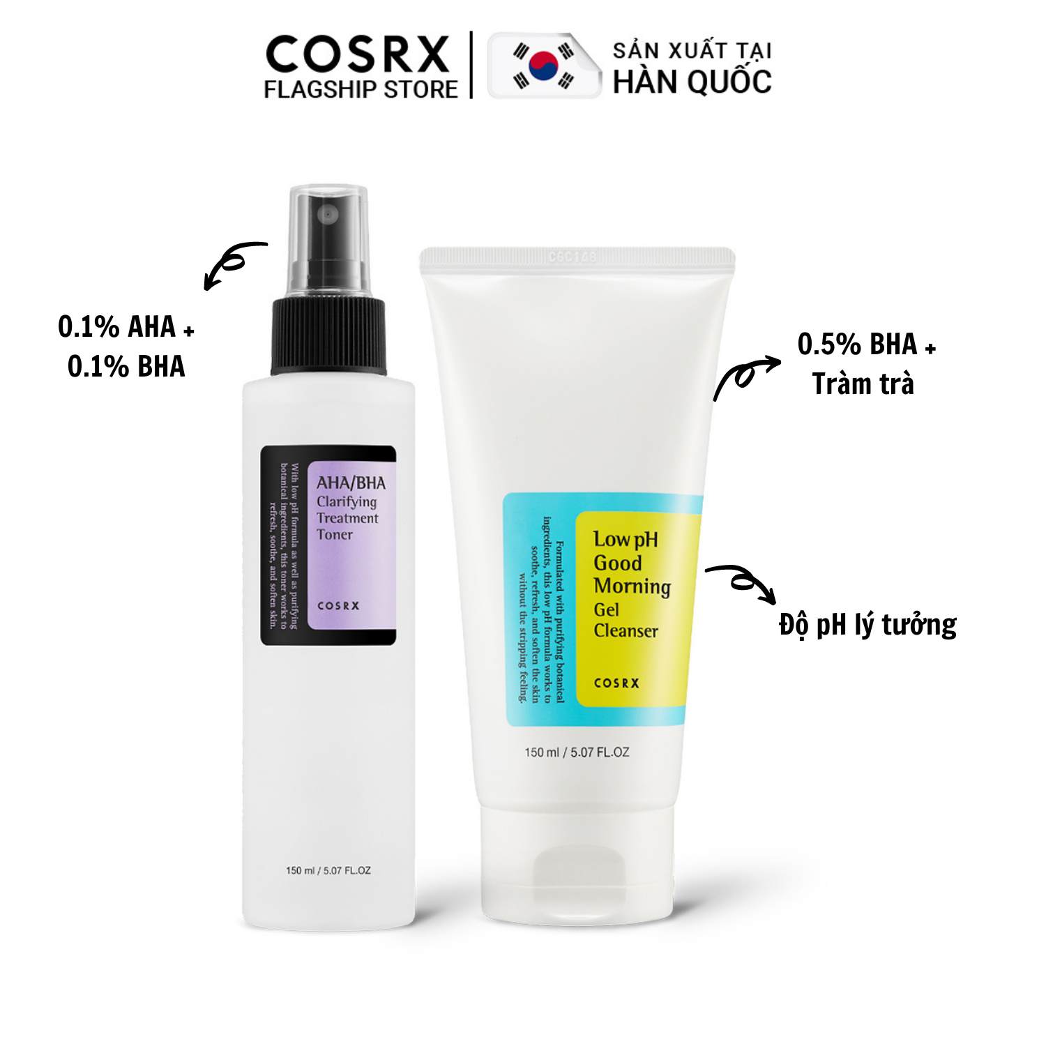 Combo Gel Rửa Mặt Tràm Trà COSRX Low pH Good Morning Gel Cleanser 150ml + Nước hoa hồng tẩy tế bào chết hoá học COSRX AHA/BHA Clarifying Treatment Toner 150ml