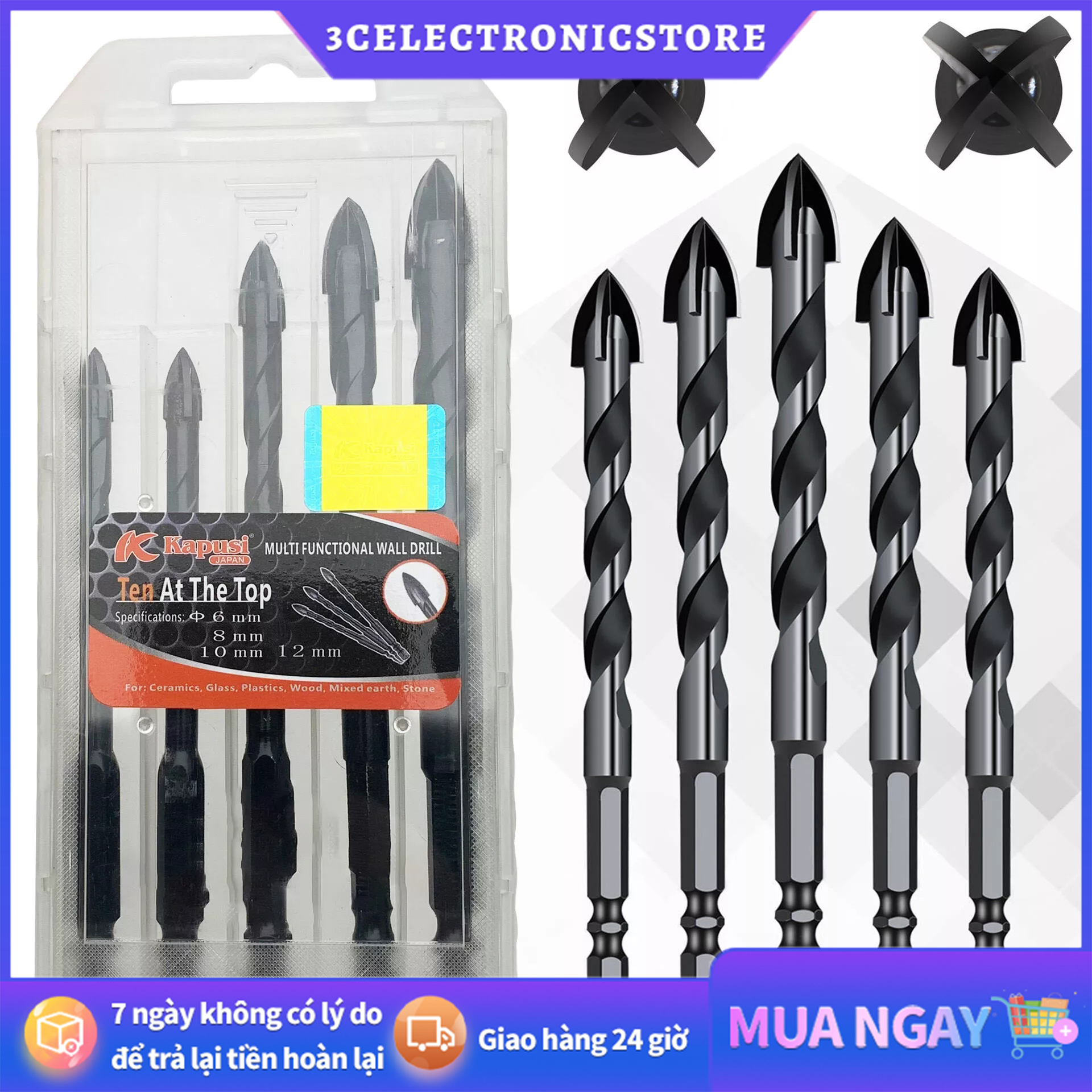 FREESHIP🎁 Bộ 5 mũi khoan đa năng chân lục giác 4 cạnh thép đen Nhật 12mm 10mm 8mm 6mm khoan kính thủy đinh gạch ốp lát đá hóa cương nhôm đồng sắt mũi khoan gỗ đá granit gạch men mũi khoan tường mui khoan da nang