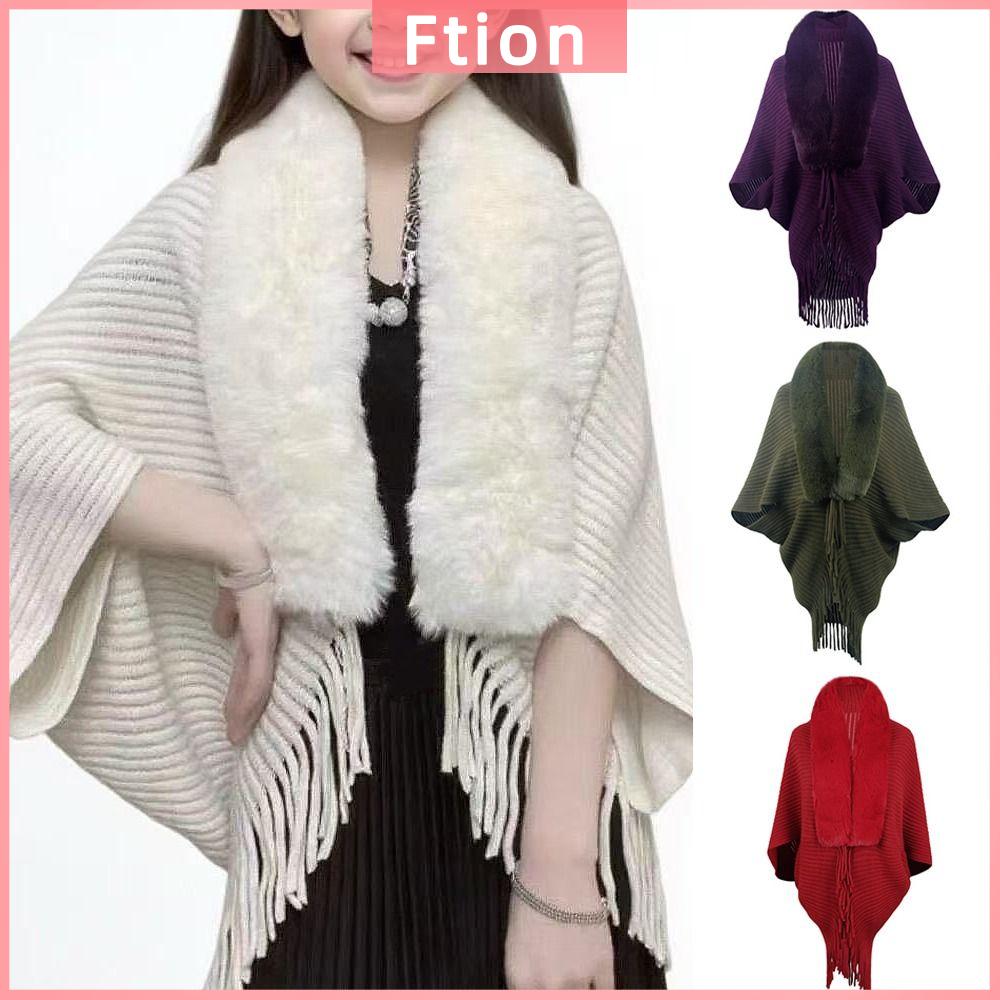 FTION Cổ áo lông giả Áo choàng Mông Cổ cho trẻ em Mùa đông ấm áp Phong cách dân tộc Áo khoác cardigan tua rua Thời trang Sọc Khăn quấn đan len mềm mại Dành cho trẻ em
