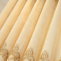 AnneyOneDecor Luxury Champagne Gold Chenille Curtains European Embroidered Lace Trim Semi Blackout Drapes for Living Room Bedroom