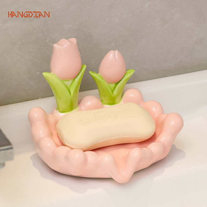 HANGDIANHộ gia đình Khay Đựng Xà phòng đặc biệt cống Hộp xà phòng cho chậu rửa phòng tắm Tulip khay đựng xà phòng gốm