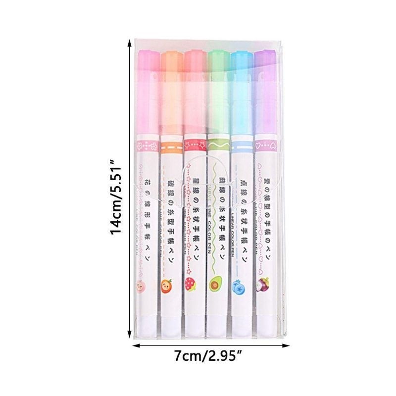 6Pcs/Set Line Shaped Highlighter Pen Multi Color Roller Tip Curve Pen Marker Highlighter DIY School Supply