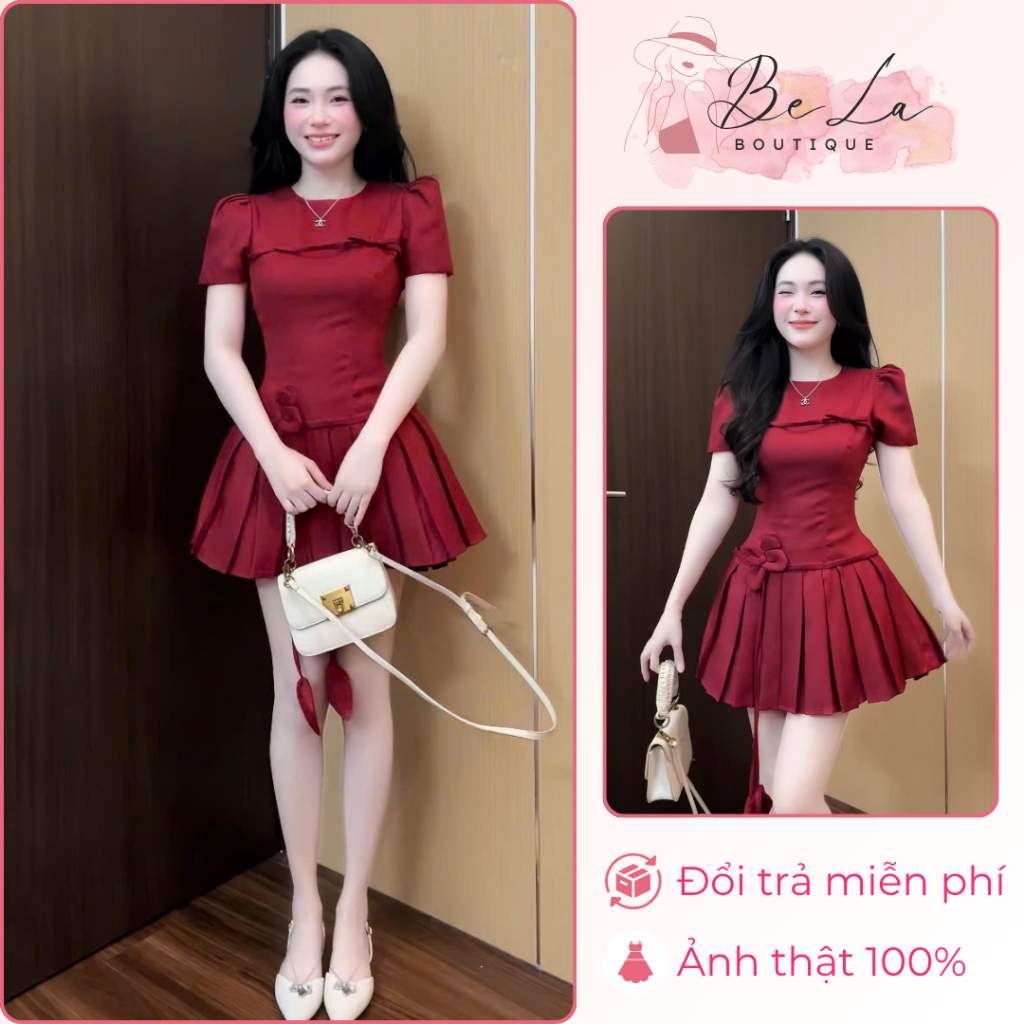 Đầm Đỏ Đô Nơ Ngực Xếp Ly Đính Hoa BeLa Boutique – Thiết Kế Sang Trọng, Tôn Dáng, Mặc Đi Tiệc Siêu Xinh – Mã 3275