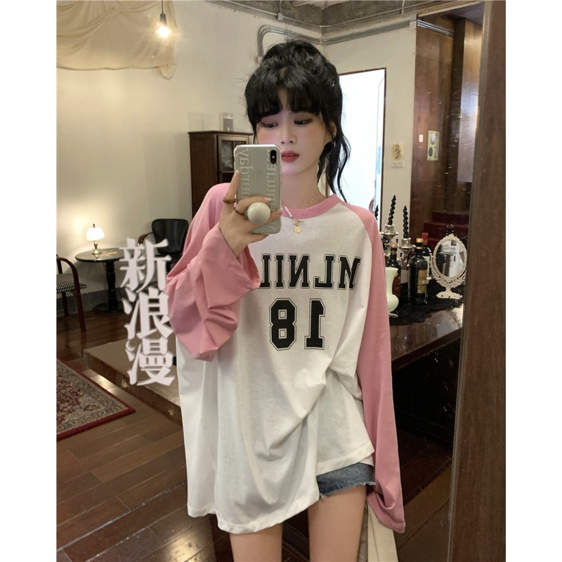 Áo thun tay dài nữ phối màu trắng số 18 oversize <75kg td2205