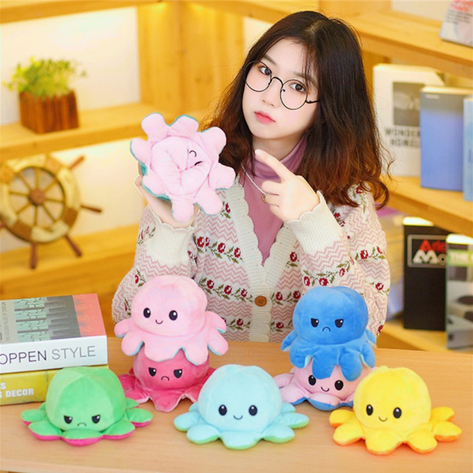 Reversible Octopus Plush Toy – Double-Sided Mood Changing Soft Stuffed Pillow | Random Colors | Stress Relief Toy for Kids & Adults