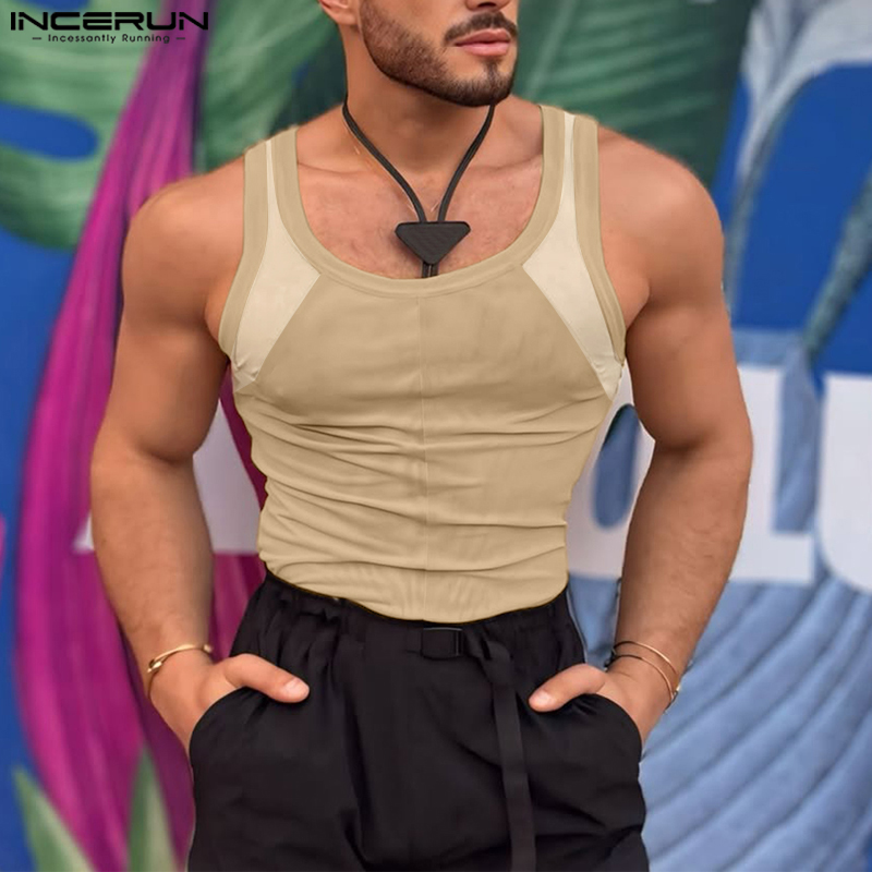 INCERUN Men's Sport Casual Crew Neck Sleeveless Tanks Contrast Patchwork Vests Sando Singlet (Western Style) #250212 ราคา 140 บาท*ส่งฟรี