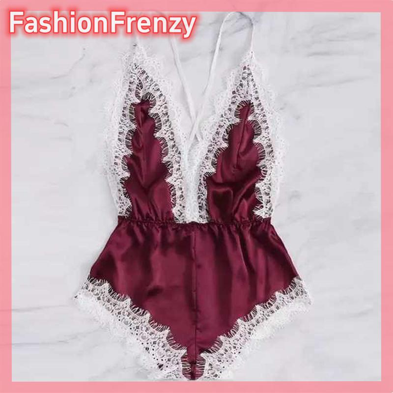 FashionFrenzyY Sexy Đồ Lót Phụ Nữ Đồ Ngủ Satin Ren v-cổ bodysuit backless Jumpsuit Romper